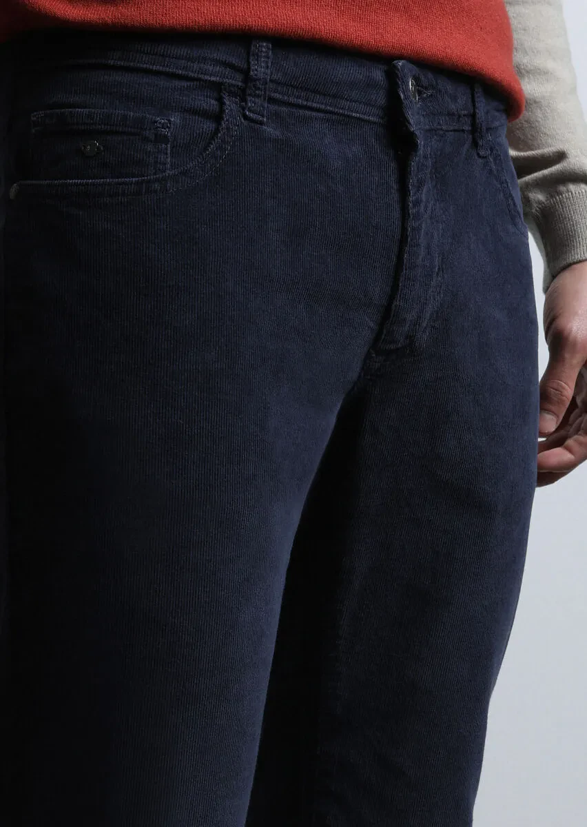 Navy Blue Weaving Slim Fit Casual Cotton Blended Trousers - 3