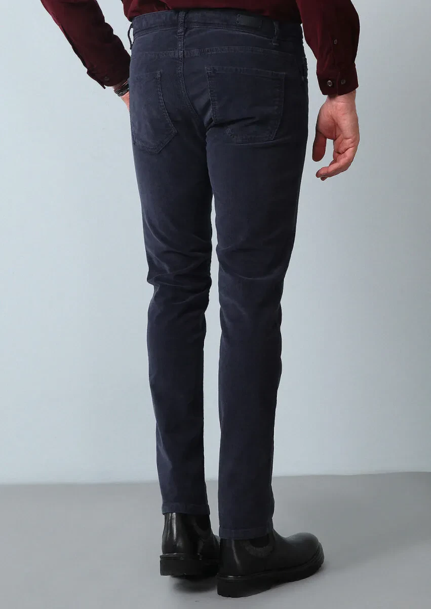 Navy Blue Weaving Slim Fit Casual Cotton Blended Trousers - 5