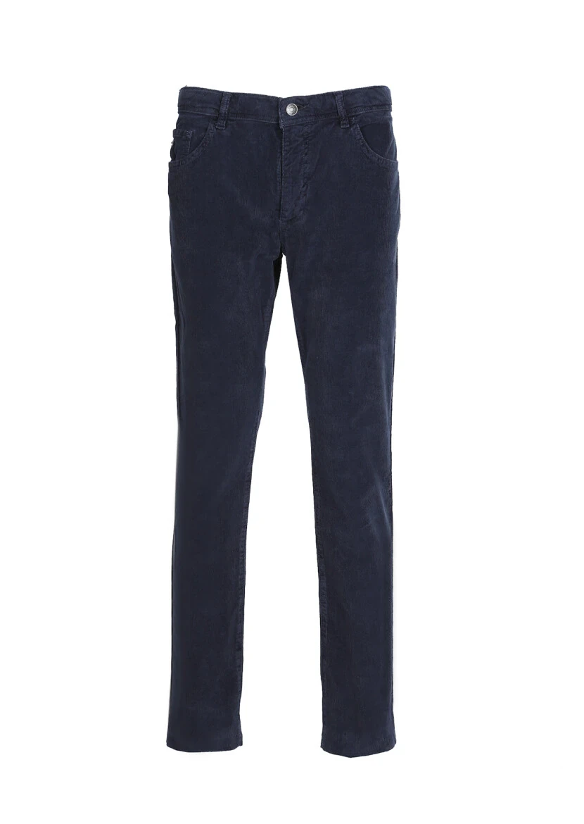 Navy Blue Weaving Slim Fit Casual Cotton Blended Trousers - 6
