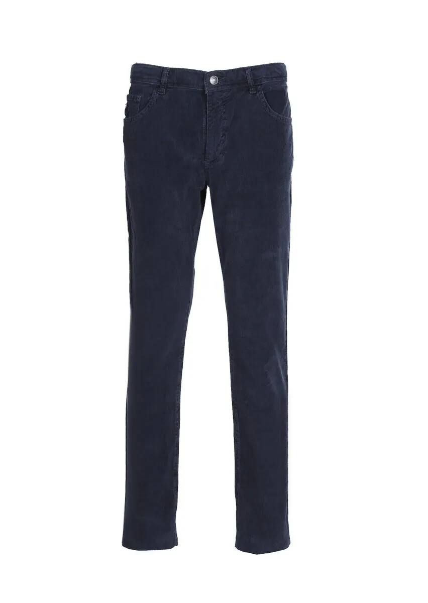 Navy Blue Weaving Slim Fit Casual Cotton Blended Trousers - 6