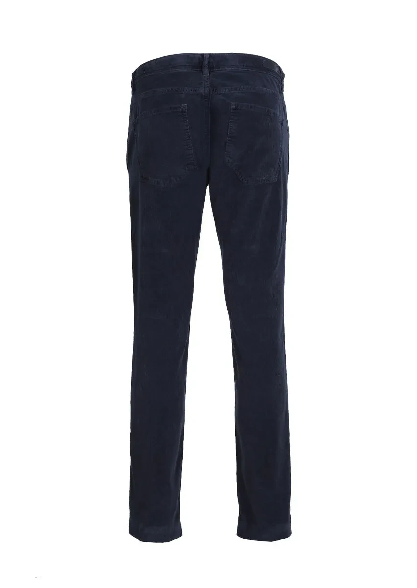 Navy Blue Weaving Slim Fit Casual Cotton Blended Trousers - 7