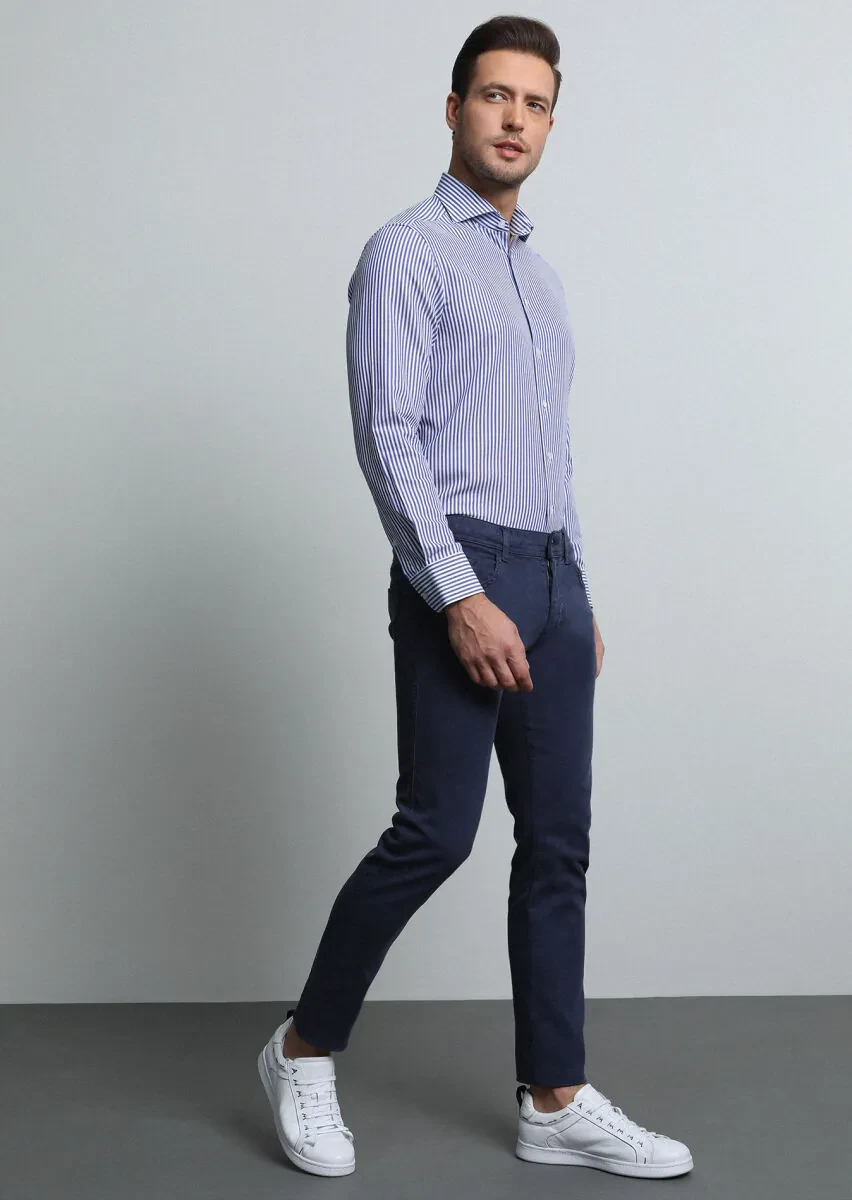 Navy Blue Weaving Slim Fit Casual Cotton Blended Trousers - 2