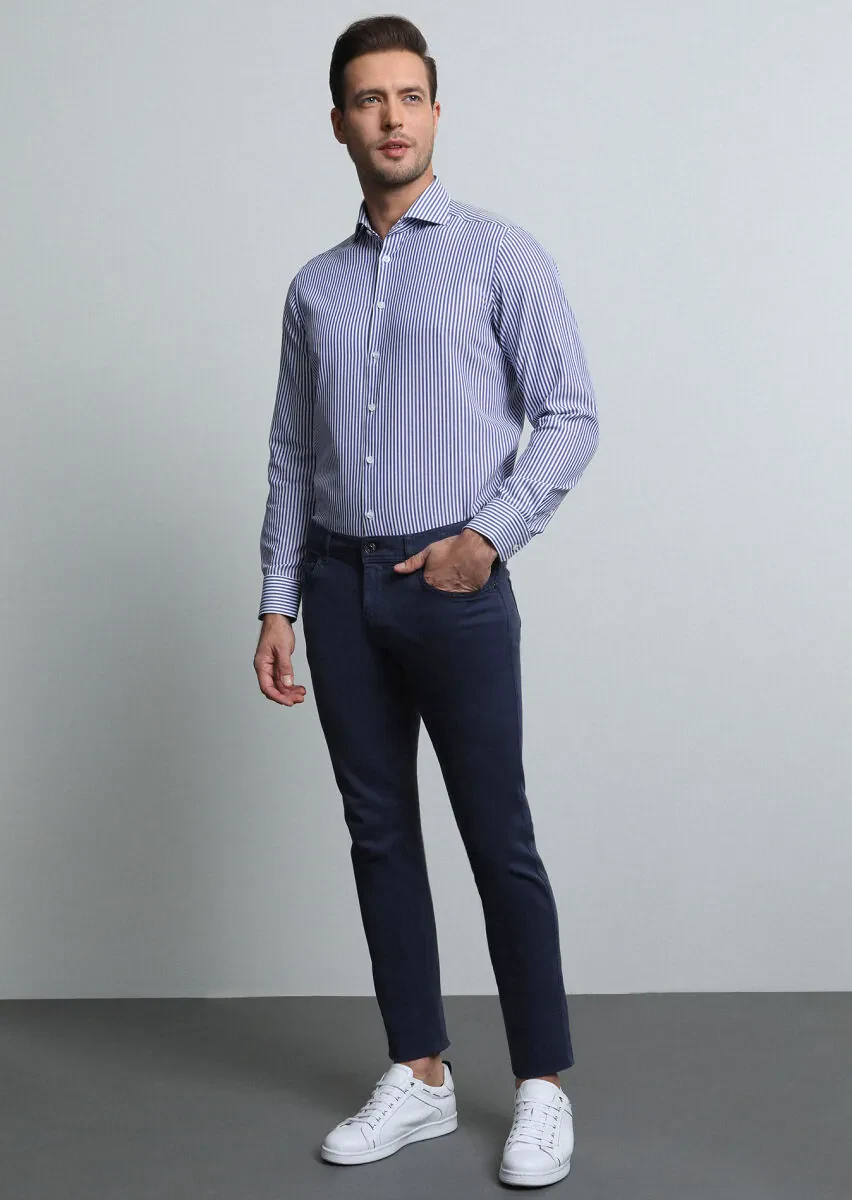 Navy Blue Weaving Slim Fit Casual Cotton Blended Trousers - 3