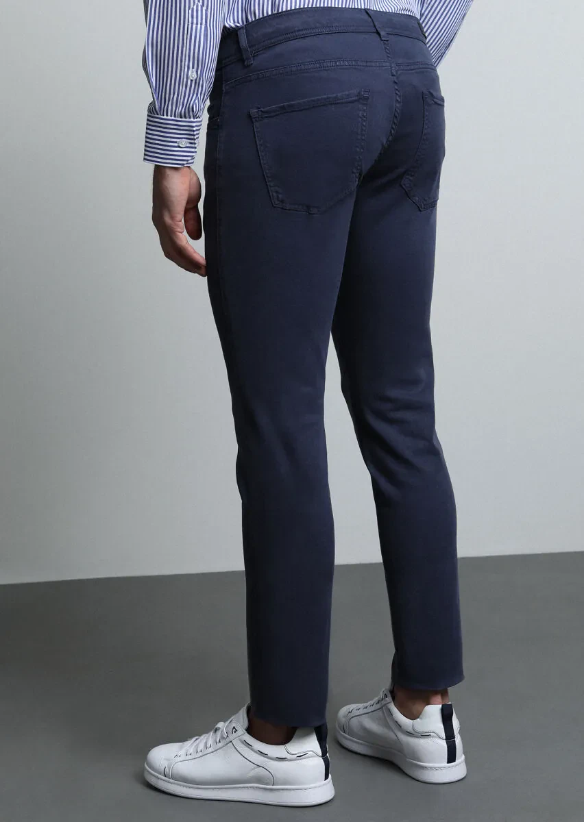 Navy Blue Weaving Slim Fit Casual Cotton Blended Trousers - 5