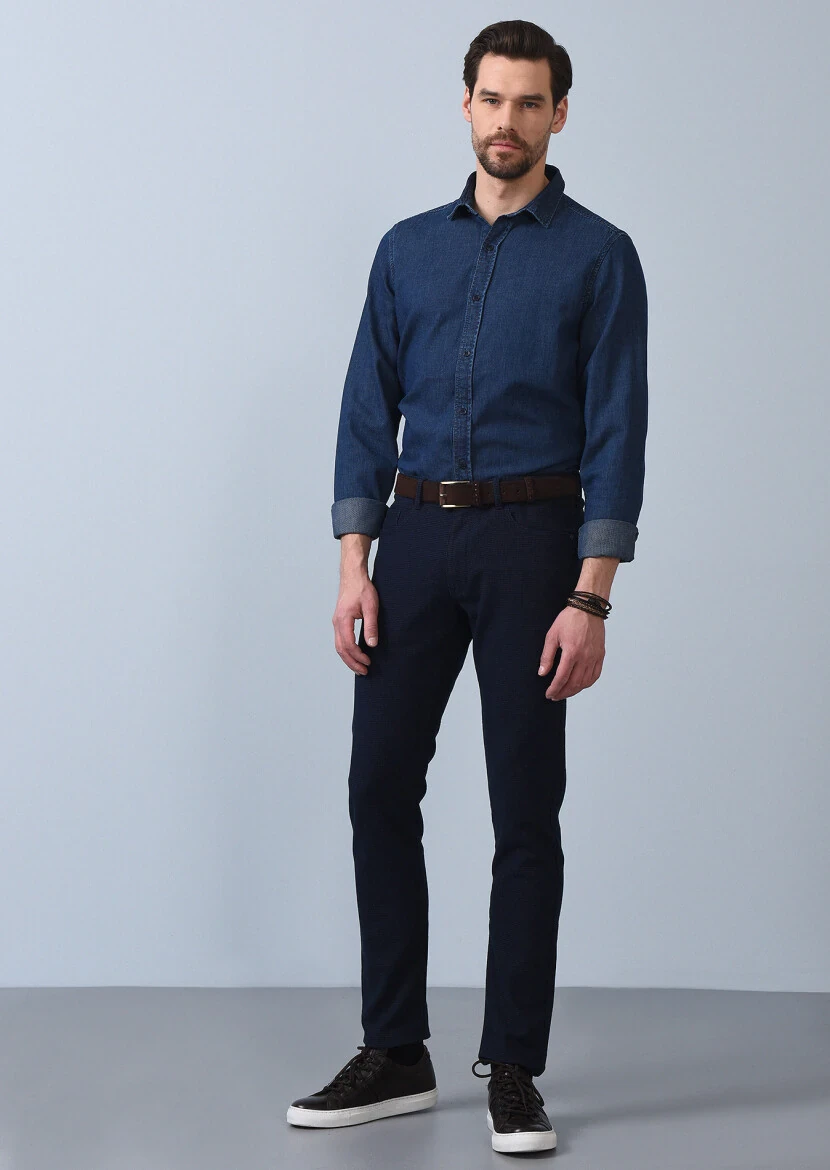 Navy Blue Weaving Slim Fit Casual Cotton Blended Trousers - 1