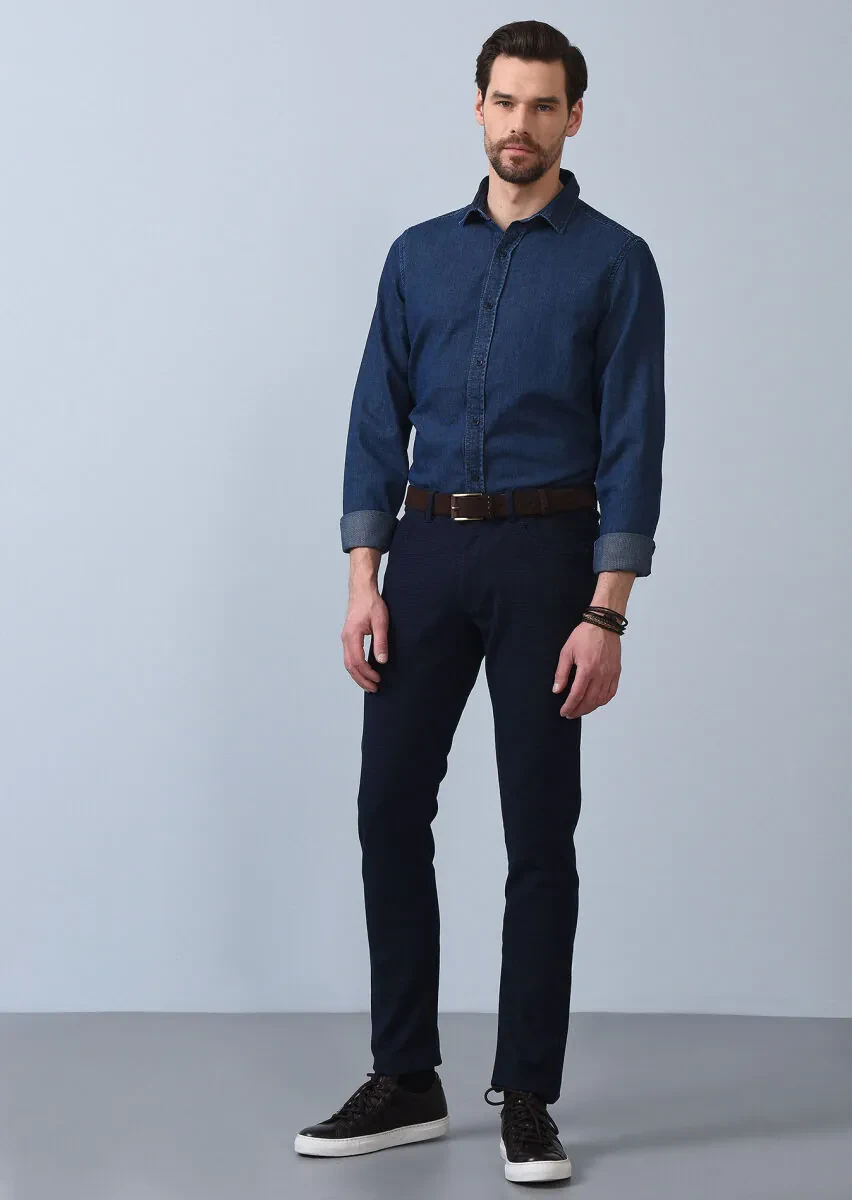 Navy Blue Weaving Slim Fit Casual Cotton Blended Trousers - 1