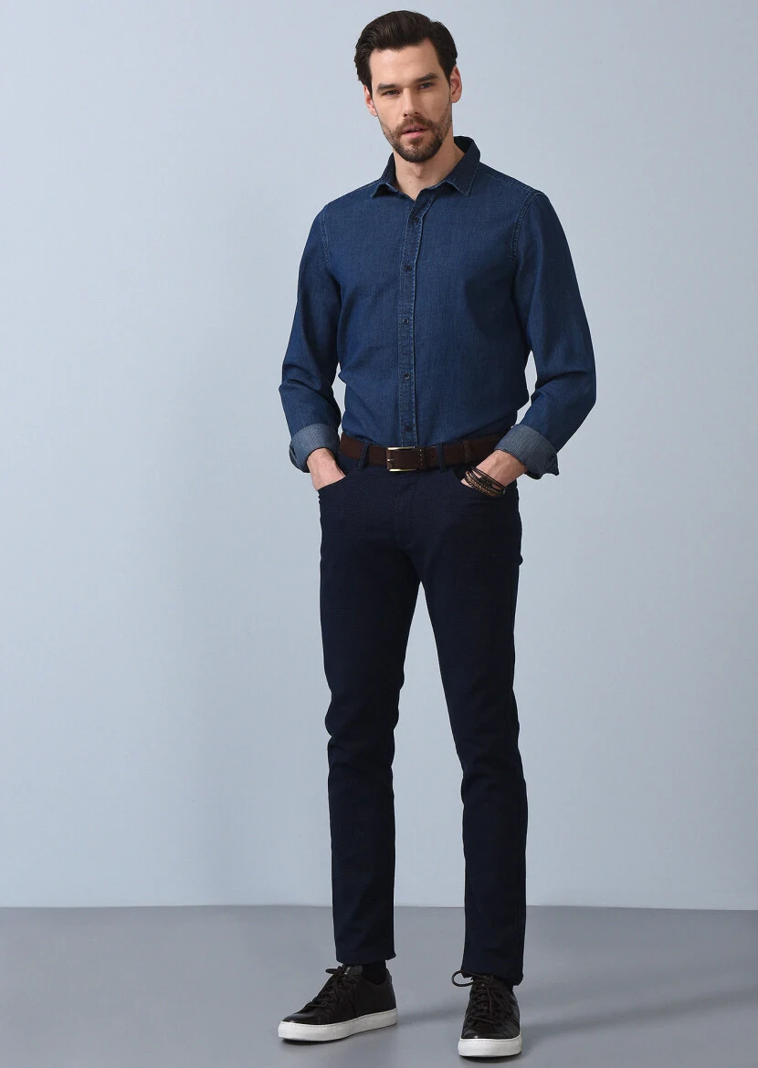 Navy Blue Weaving Slim Fit Casual Cotton Blended Trousers - 2