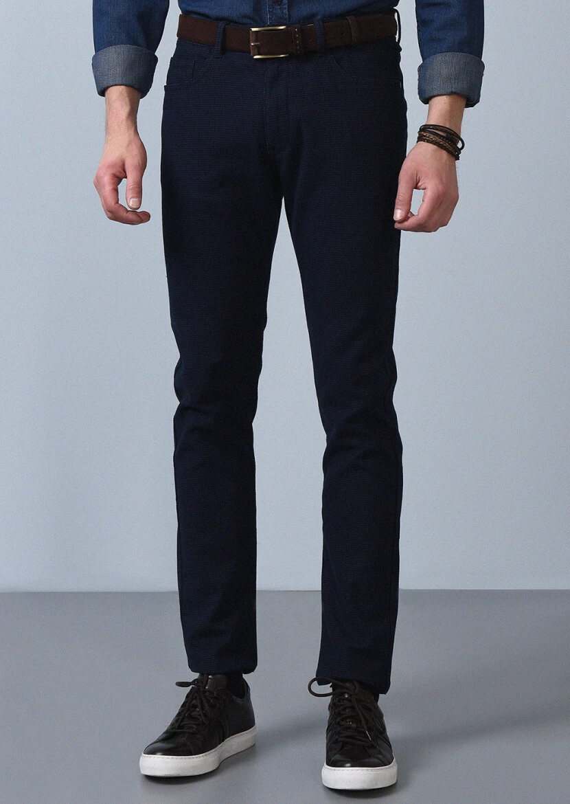 Navy Blue Weaving Slim Fit Casual Cotton Blended Trousers - 3