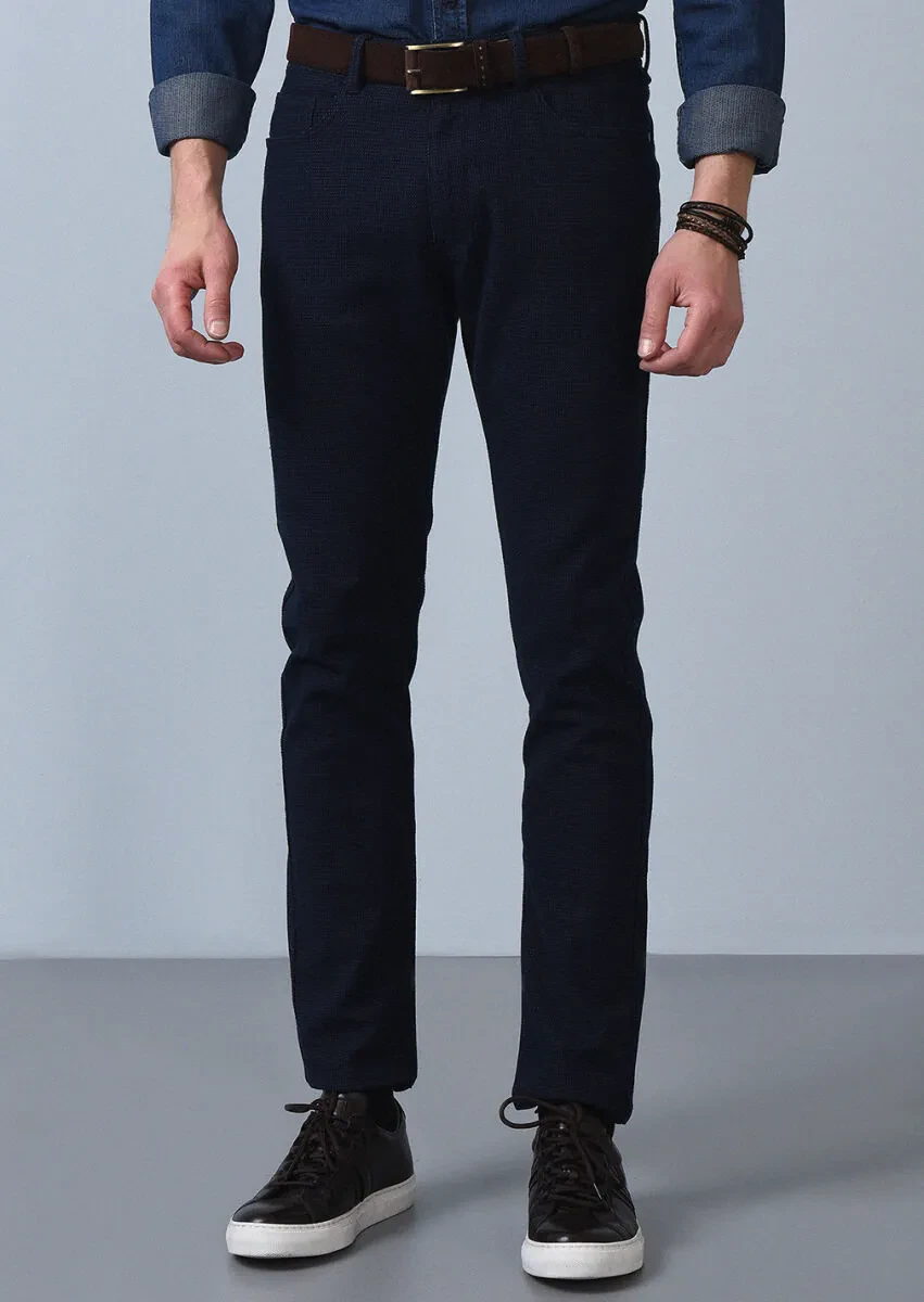 Navy Blue Weaving Slim Fit Casual Cotton Blended Trousers - 3