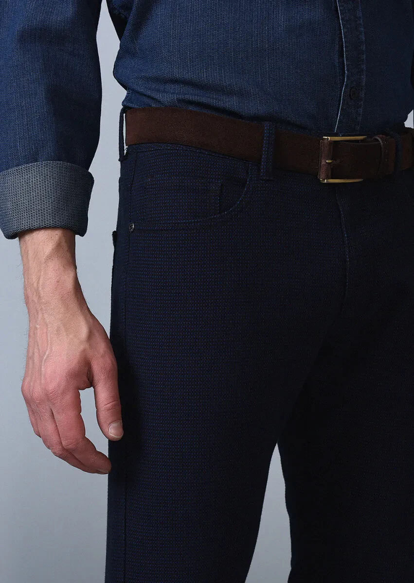 Navy Blue Weaving Slim Fit Casual Cotton Blended Trousers - 4