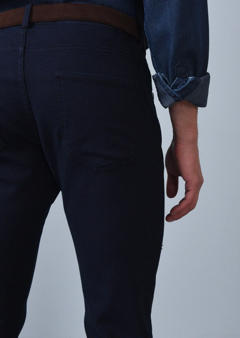 Navy Blue Weaving Slim Fit Casual Cotton Blended Trousers - 5
