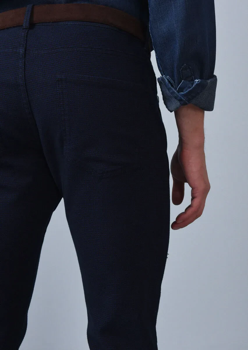 Navy Blue Weaving Slim Fit Casual Cotton Blended Trousers - 5