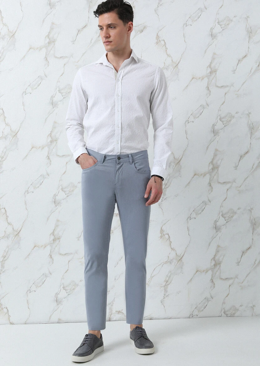 Navy Blue Weaving Slim Fit Casual Cotton Blended Trousers - 1