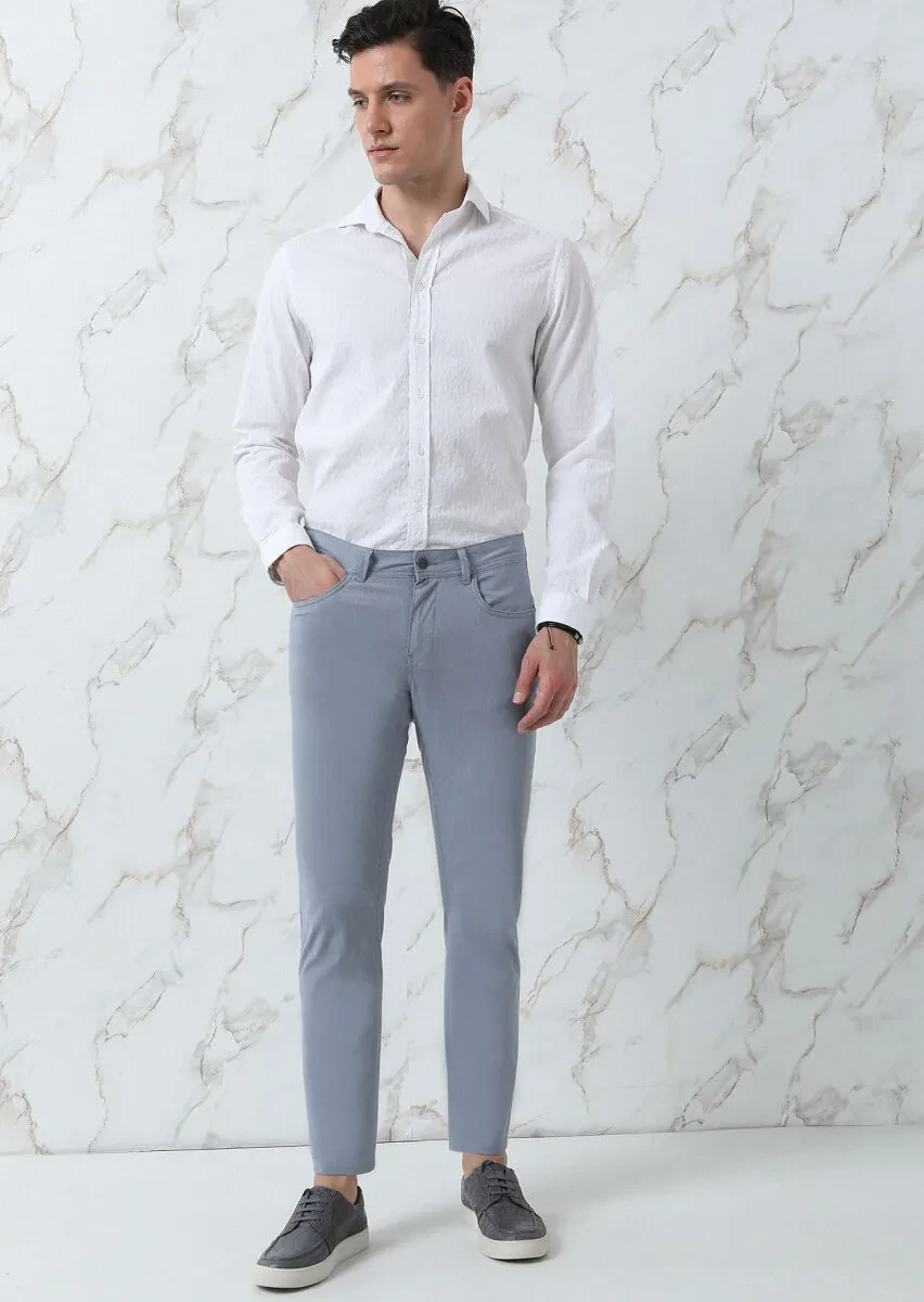 Navy Blue Weaving Slim Fit Casual Cotton Blended Trousers - 1