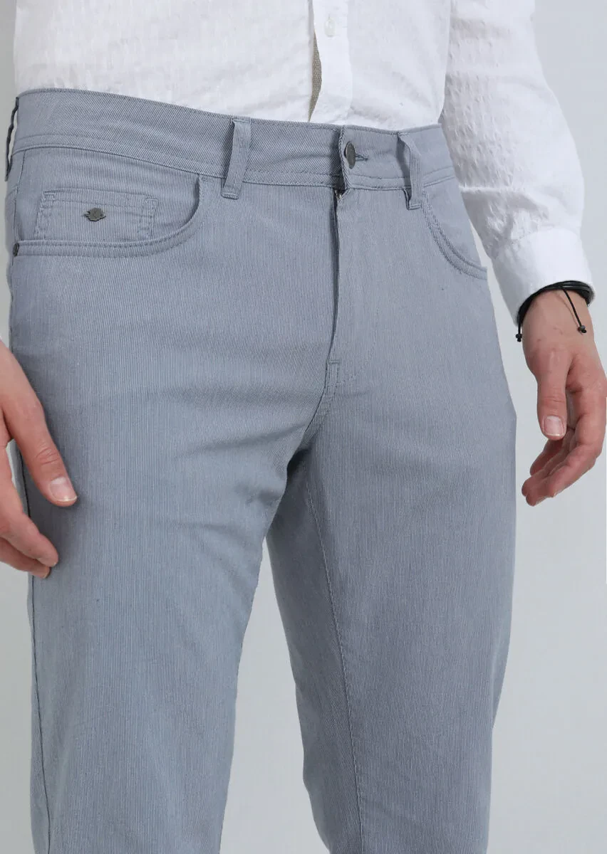 Navy Blue Weaving Slim Fit Casual Cotton Blended Trousers - 3