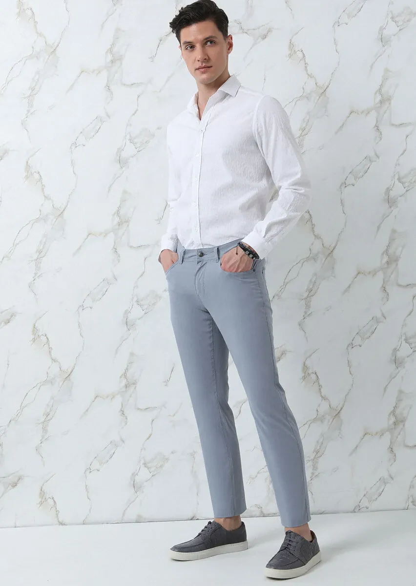 Navy Blue Weaving Slim Fit Casual Cotton Blended Trousers - 4