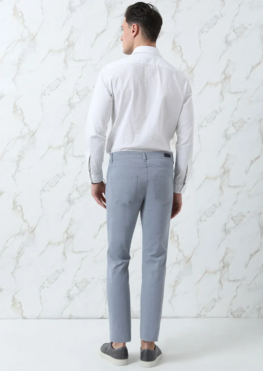 Navy Blue Weaving Slim Fit Casual Cotton Blended Trousers - 5