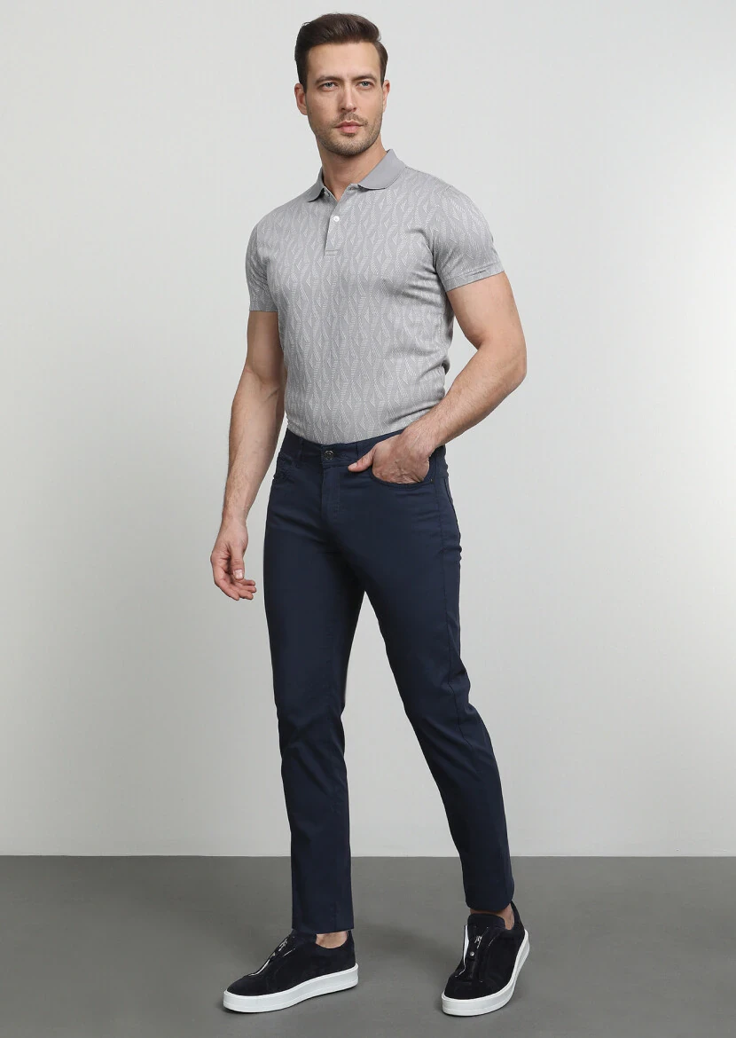 Navy Blue Weaving Slim Fit Casual Cotton Blended Trousers - 1