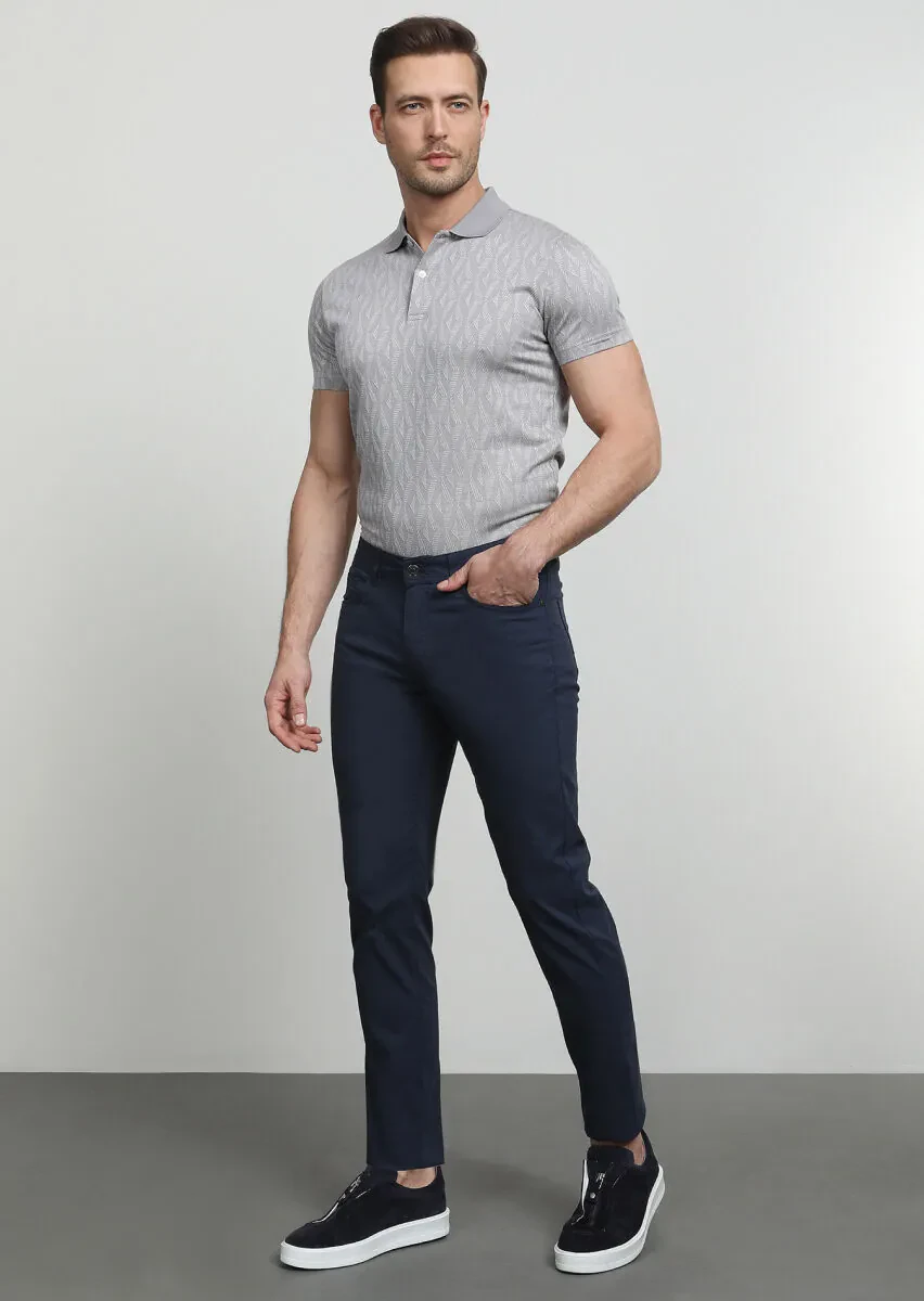 Navy Blue Weaving Slim Fit Casual Cotton Blended Trousers - 1