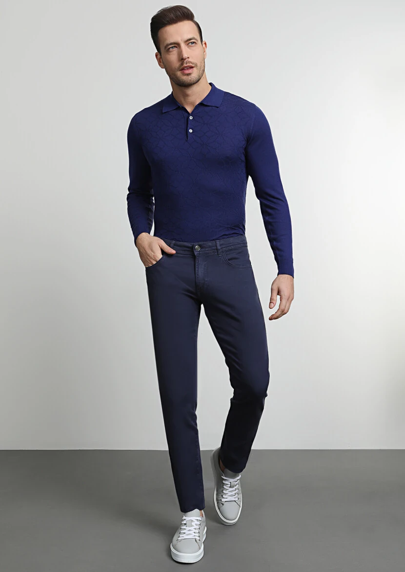 Navy Blue Weaving Slim Fit Casual Cotton Blended Trousers - 1