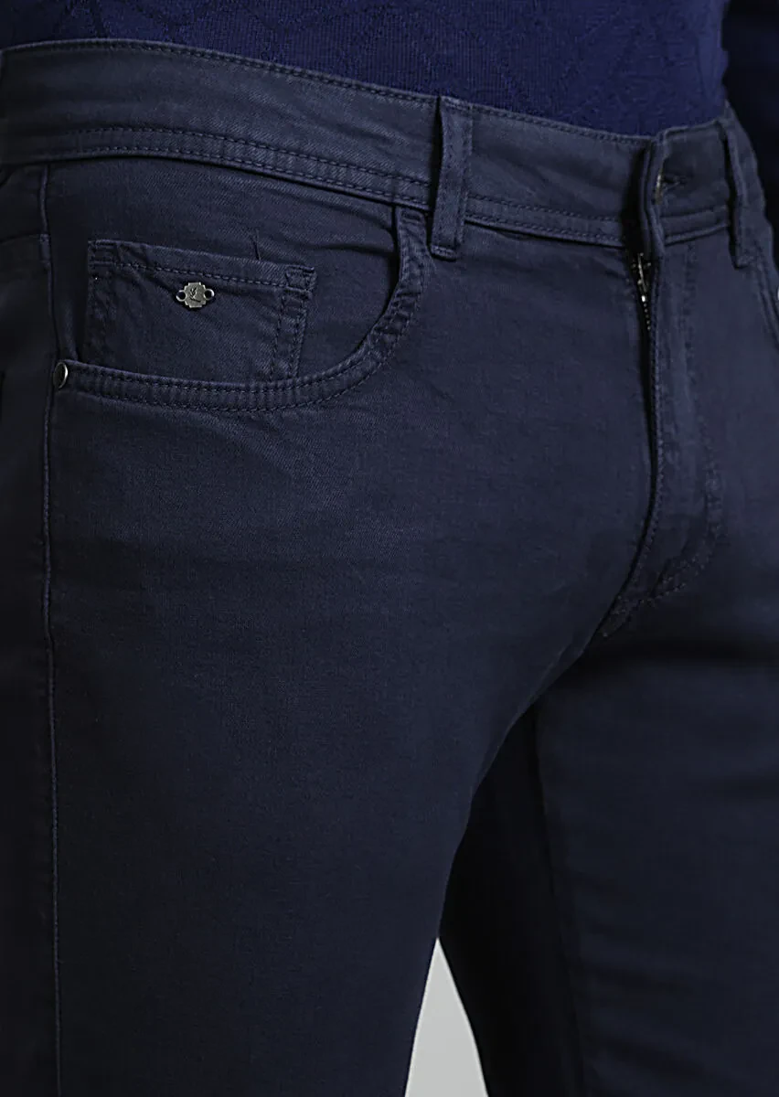 Navy Blue Weaving Slim Fit Casual Cotton Blended Trousers - 2