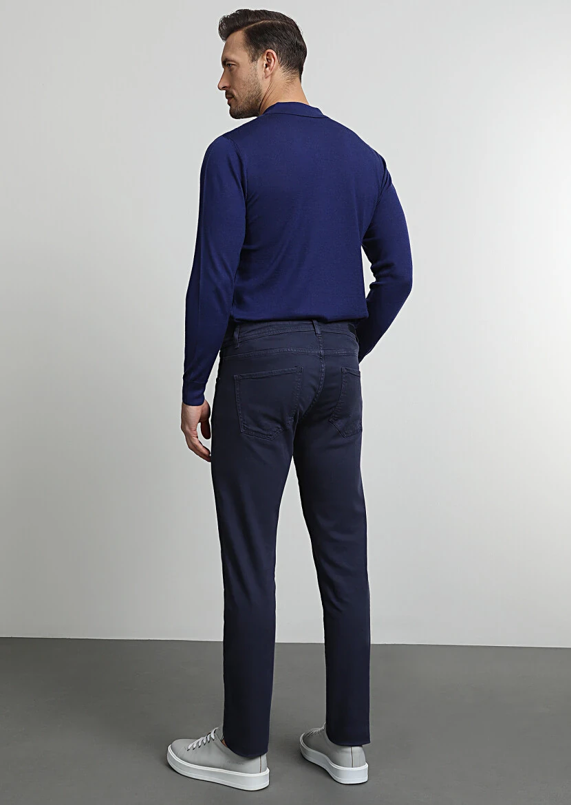 Navy Blue Weaving Slim Fit Casual Cotton Blended Trousers - 4