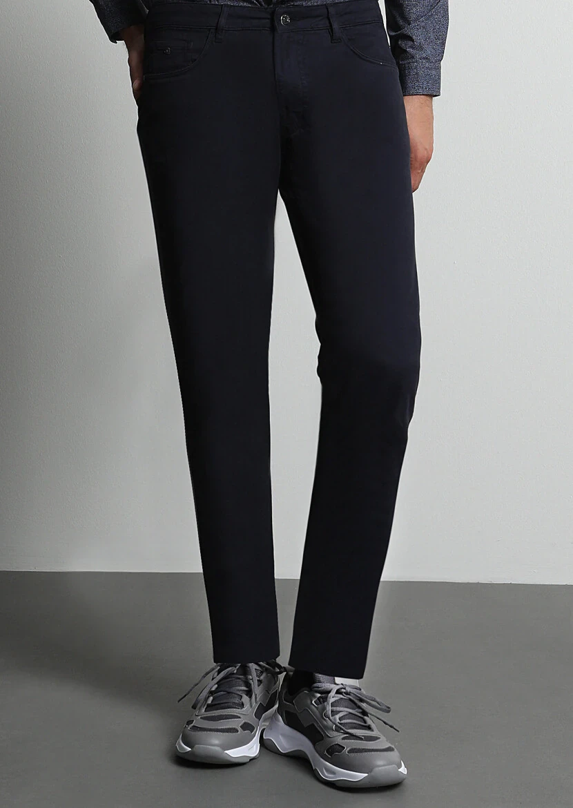 Navy Blue Weaving Slim Fit Casual Cotton Blended Trousers - 4