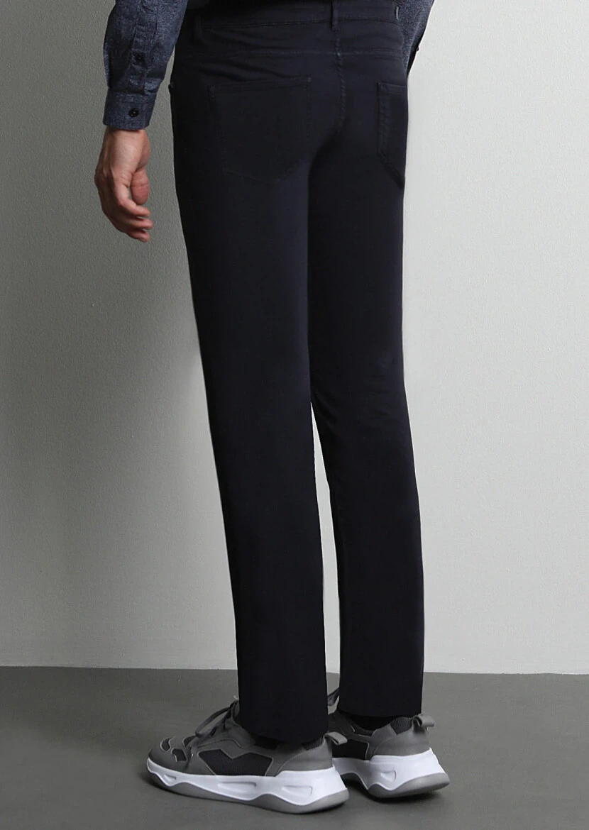 Navy Blue Weaving Slim Fit Casual Cotton Blended Trousers - 5