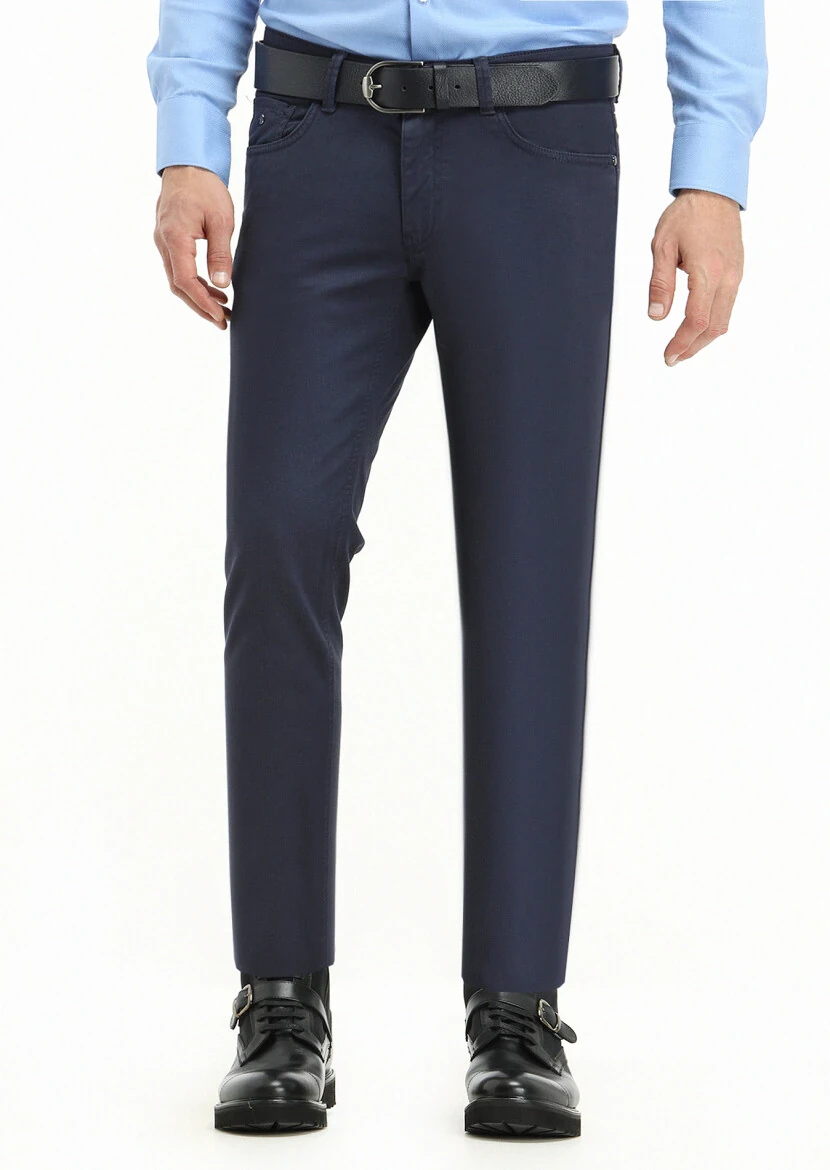 Navy Blue Weaving Slim Fit Casual Cotton Blended Trousers 
