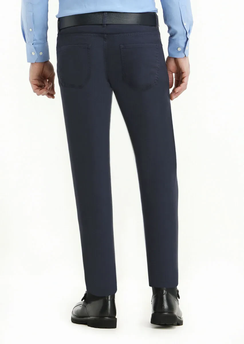 Navy Blue Weaving Slim Fit Casual Cotton Blended Trousers - 4