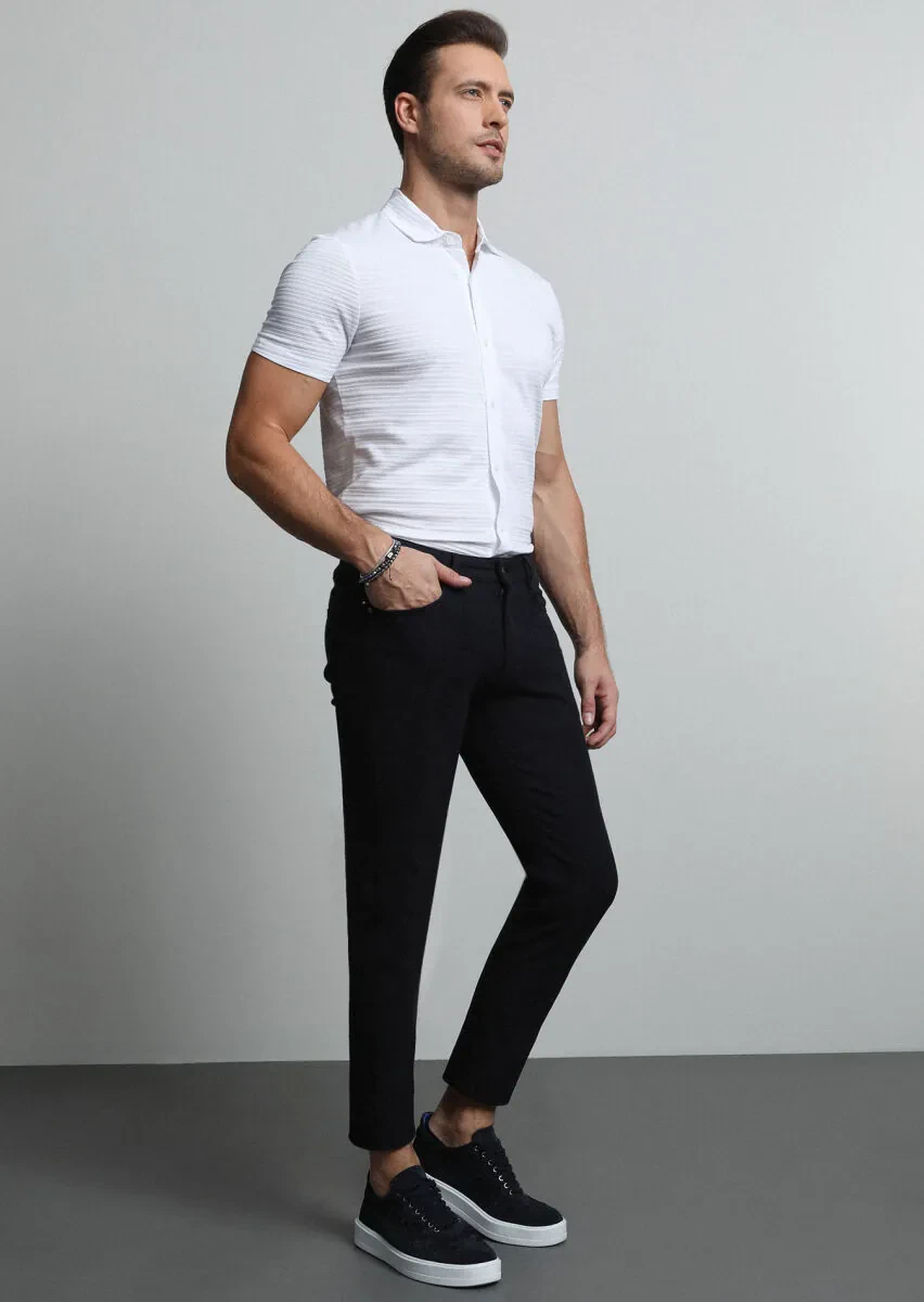 Navy Blue Weaving Slim Fit Casual Cotton Blended Trousers - 2