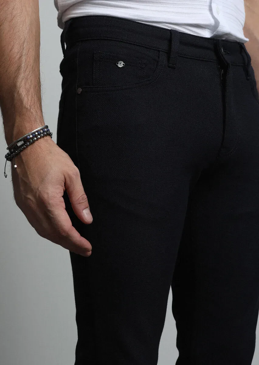 Navy Blue Weaving Slim Fit Casual Cotton Blended Trousers - 3