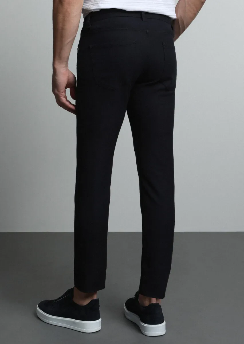 Navy Blue Weaving Slim Fit Casual Cotton Blended Trousers - 5