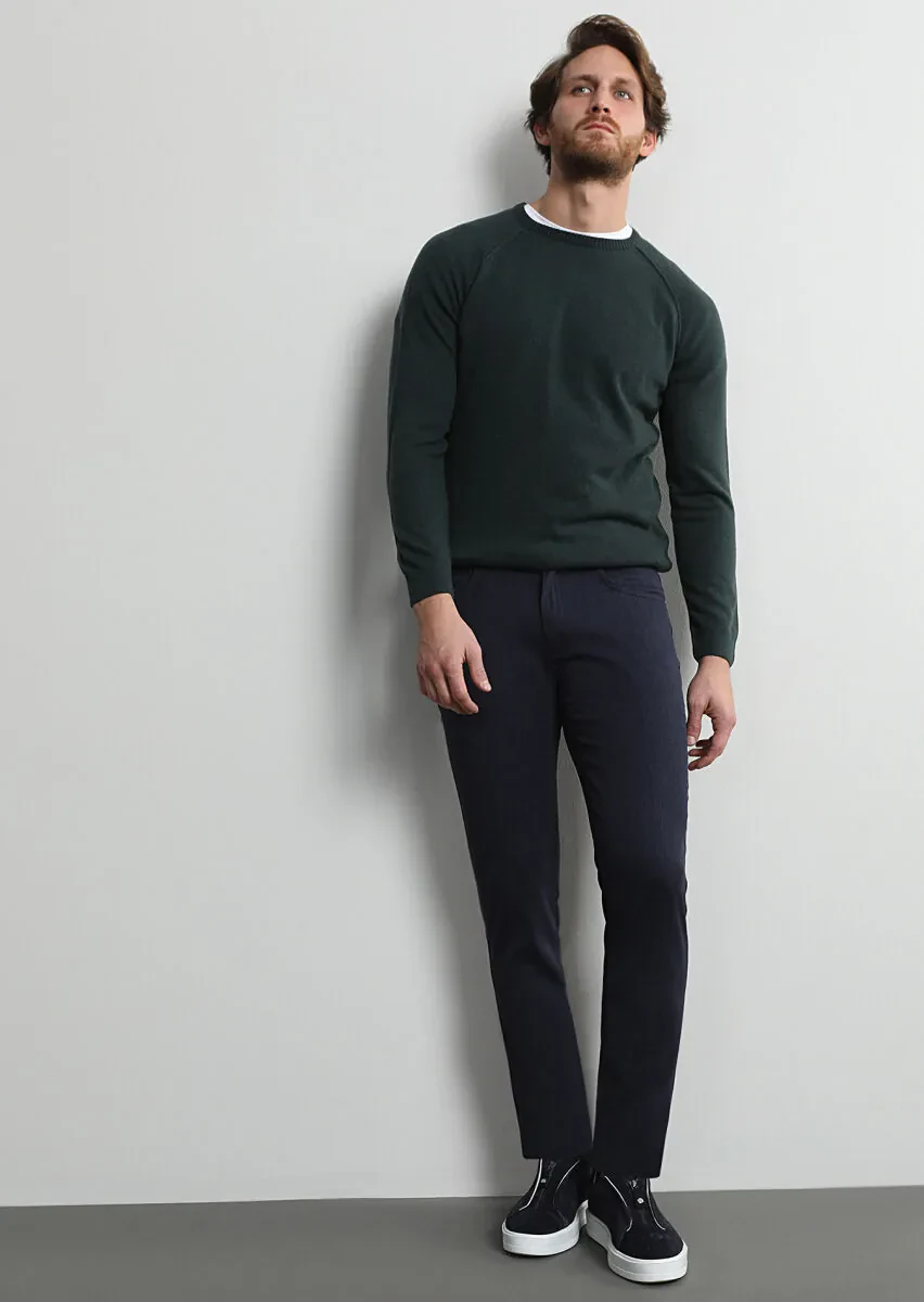 Navy Blue Weaving Slim Fit Casual Cotton Blended Trousers - 1