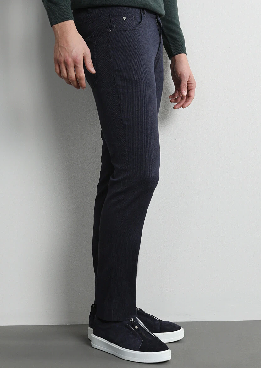 Navy Blue Weaving Slim Fit Casual Cotton Blended Trousers 