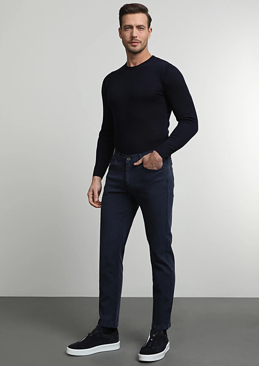 Navy Blue Weaving Slim Fit Casual Cotton Blended Trousers - 1
