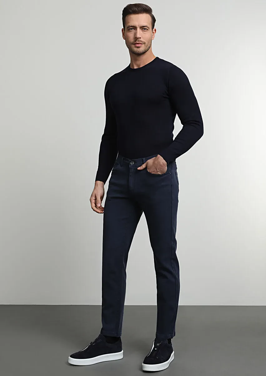Navy Blue Weaving Slim Fit Casual Cotton Blended Trousers - 1