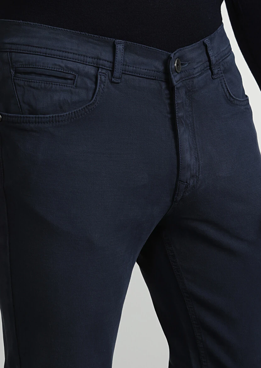 Navy Blue Weaving Slim Fit Casual Cotton Blended Trousers 