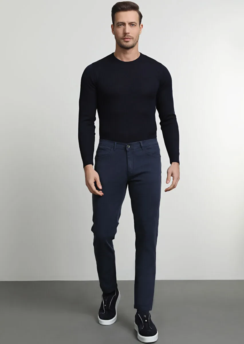 Navy Blue Weaving Slim Fit Casual Cotton Blended Trousers - 3