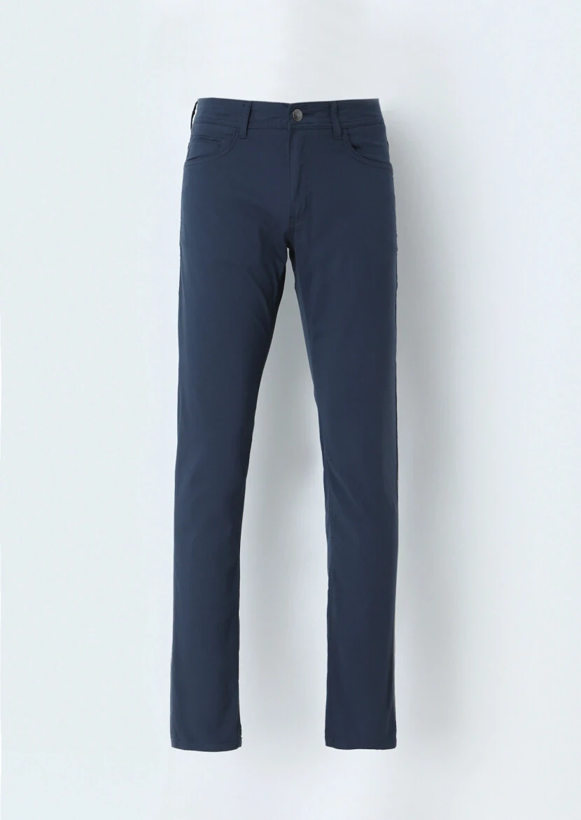Navy Blue Weaving Slim Fit Casual Cotton Blended Trousers - 1