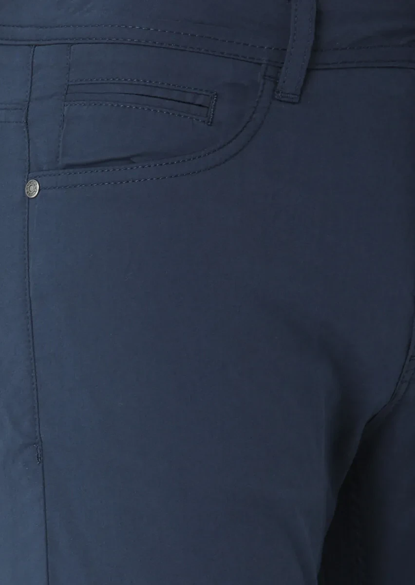 Navy Blue Weaving Slim Fit Casual Cotton Blended Trousers - 2