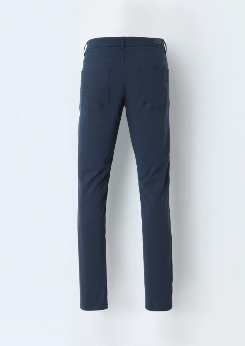 Navy Blue Weaving Slim Fit Casual Cotton Blended Trousers - 4