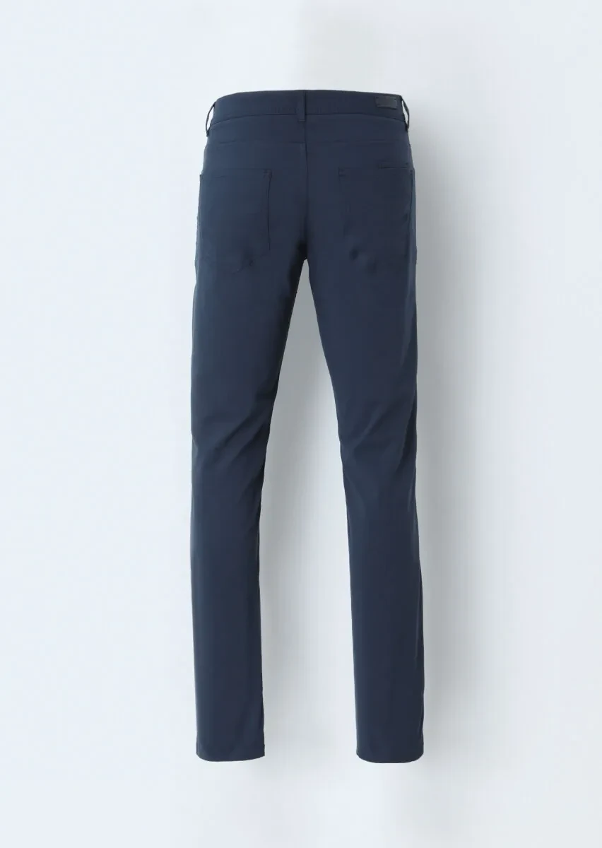 Navy Blue Weaving Slim Fit Casual Cotton Blended Trousers - 4