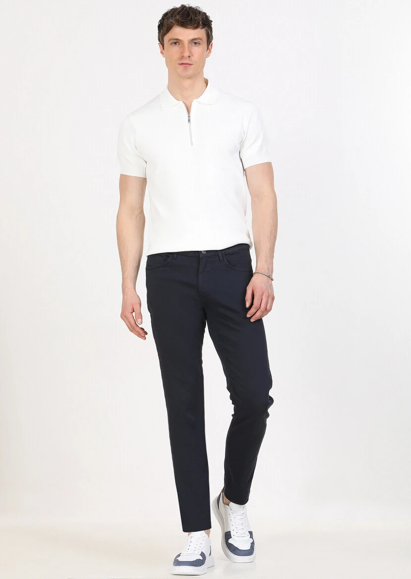 Navy Blue Weaving Slim Fit Casual Cotton Blended Trousers - 1