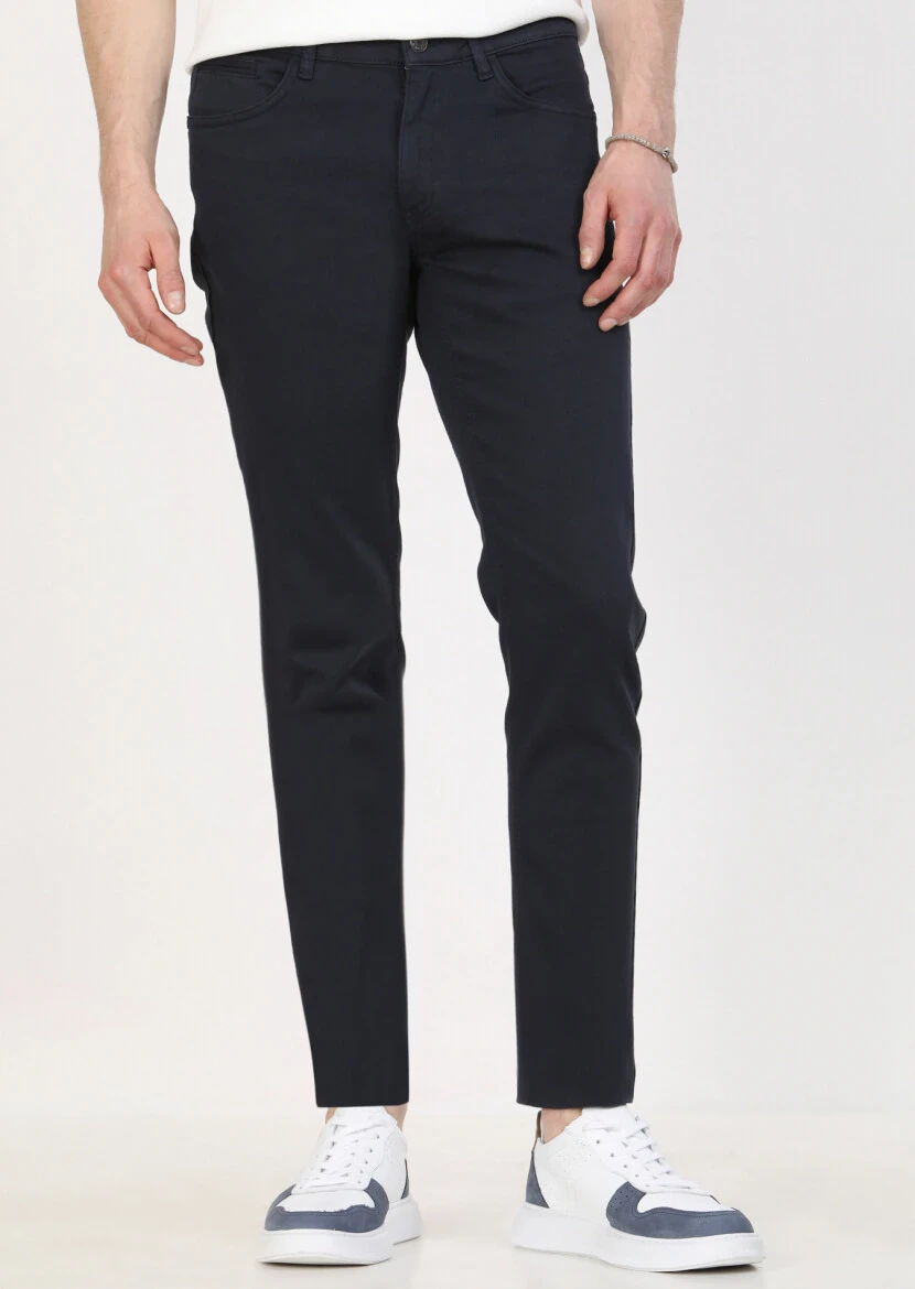 Navy Blue Weaving Slim Fit Casual Cotton Blended Trousers 