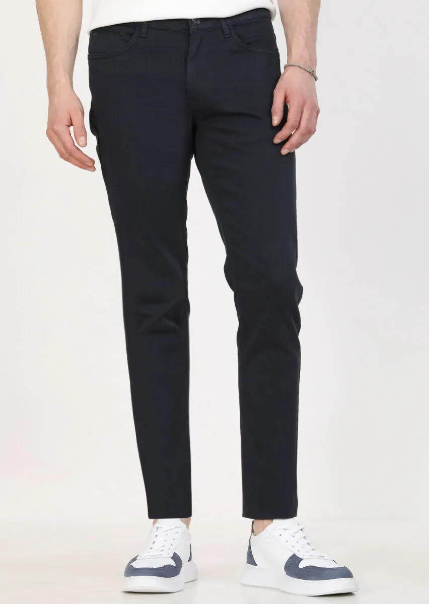 Navy Blue Weaving Slim Fit Casual Cotton Blended Trousers - 2