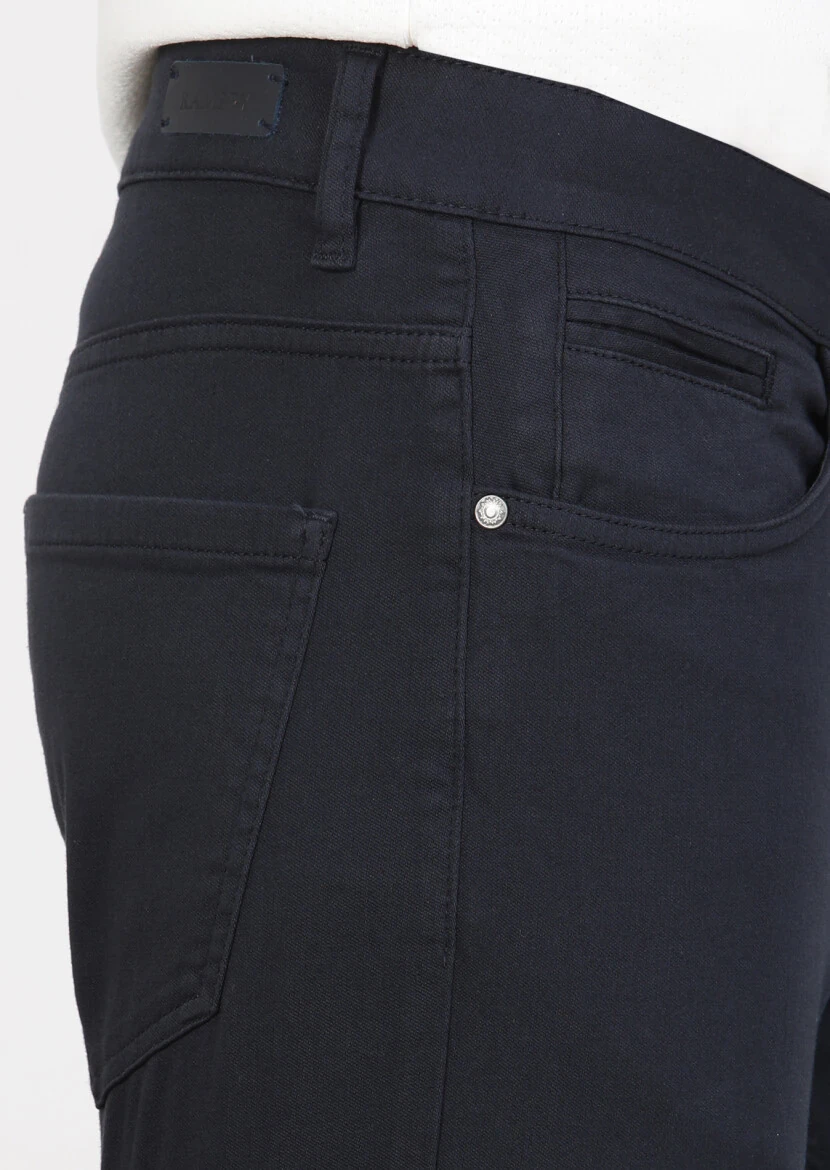 Navy Blue Weaving Slim Fit Casual Cotton Blended Trousers - 3