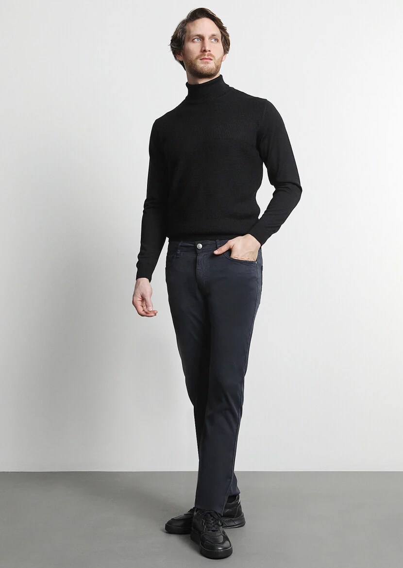 Navy Blue Weaving Slim Fit Casual Cotton Blended Trousers - 1