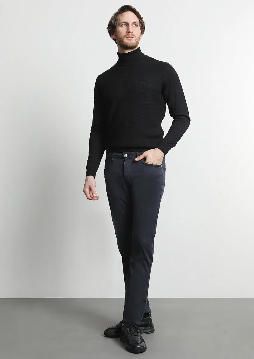 Navy Blue Weaving Slim Fit Casual Cotton Blended Trousers - 1