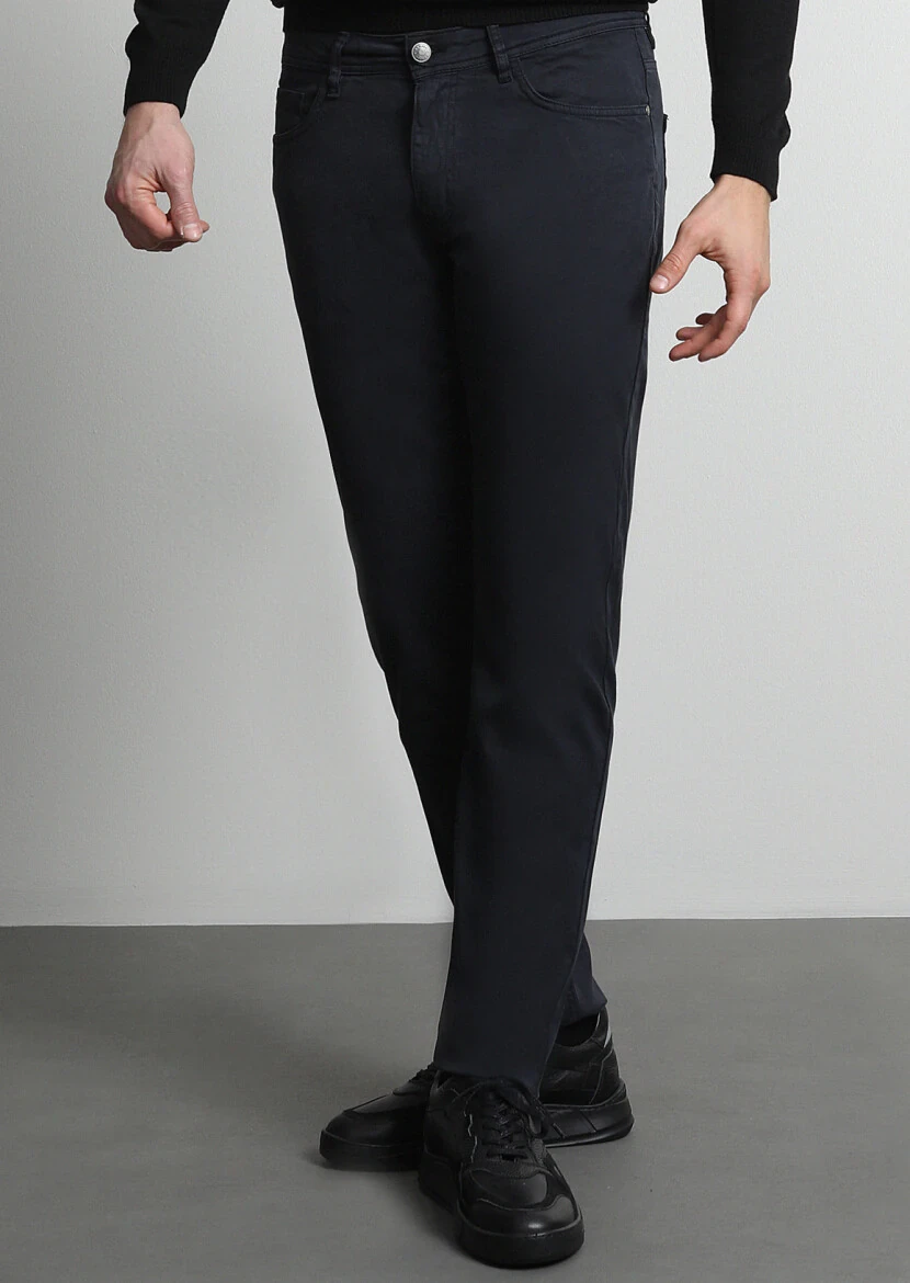Navy Blue Weaving Slim Fit Casual Cotton Blended Trousers - 3